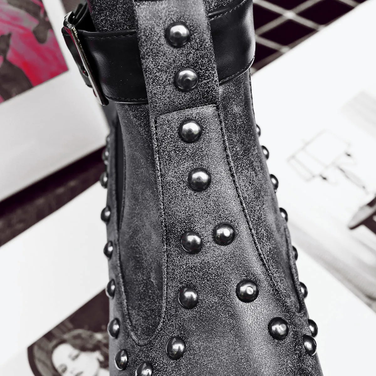 Bigsizeheels Matte rivet punk ankle boots- Black