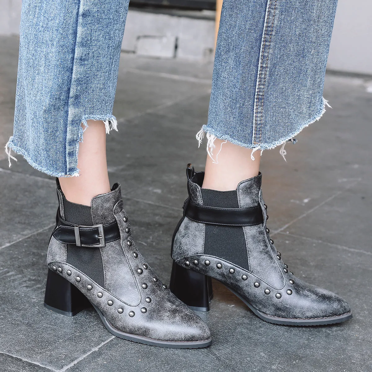 Bigsizeheels Matte rivet punk ankle boots- Black