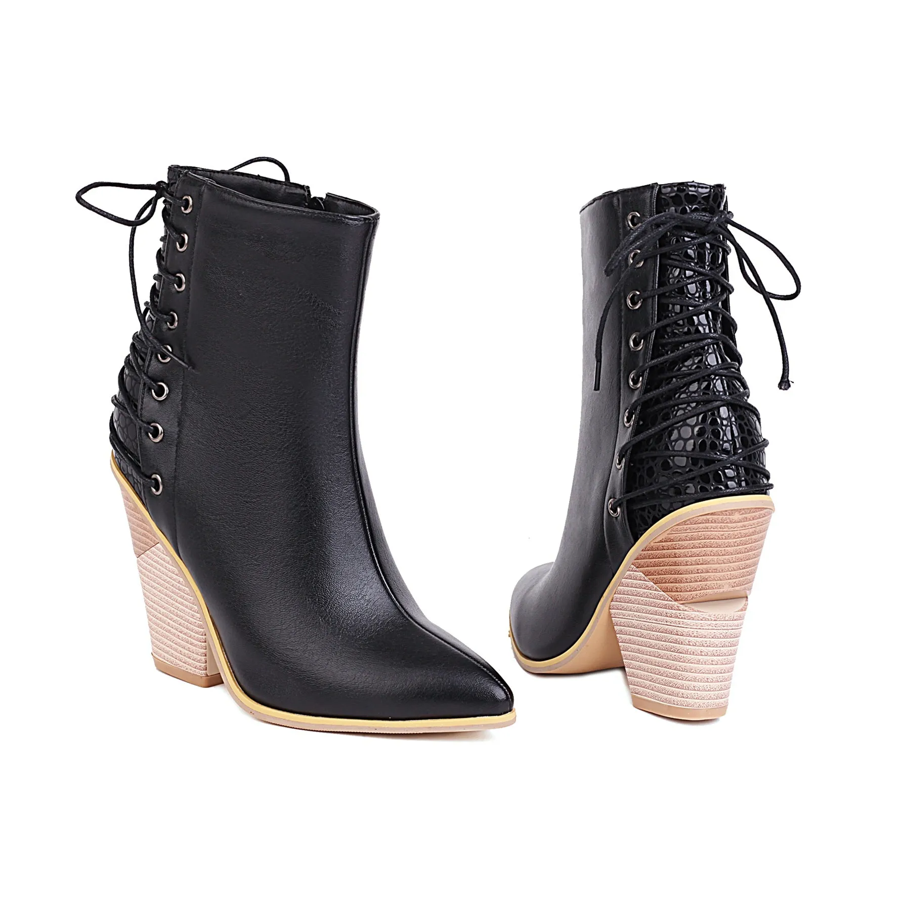 Bigsizeheels Stitched lace-up pointed ankle boots - Black