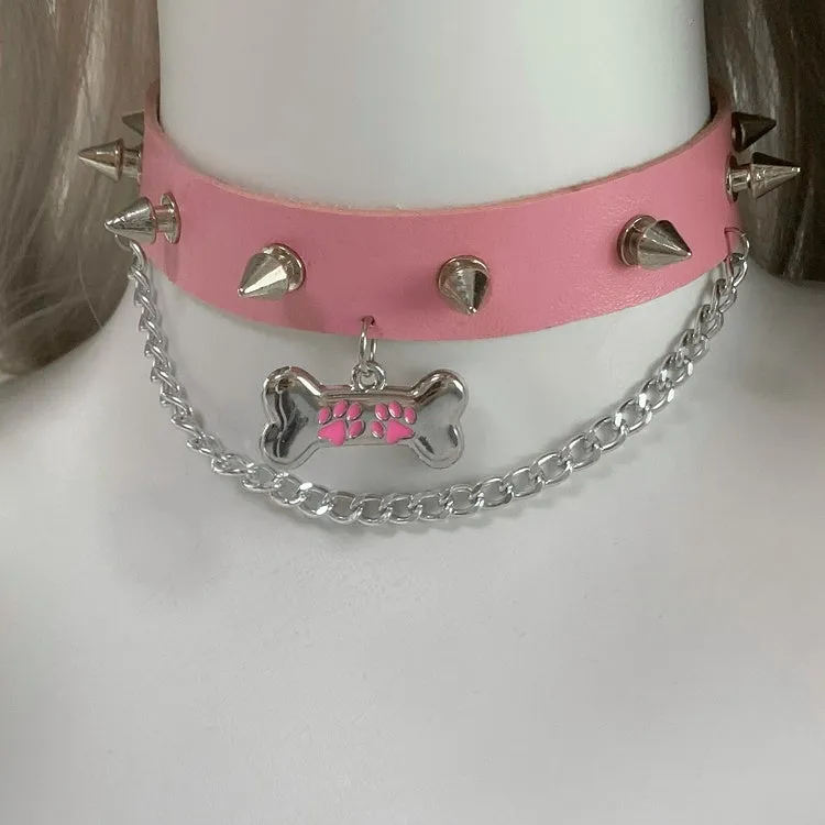 Black Bone Pendant Studded Choker with Chain