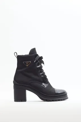 Black Brushed Leather Re-Nylon Laced Ankle Boot