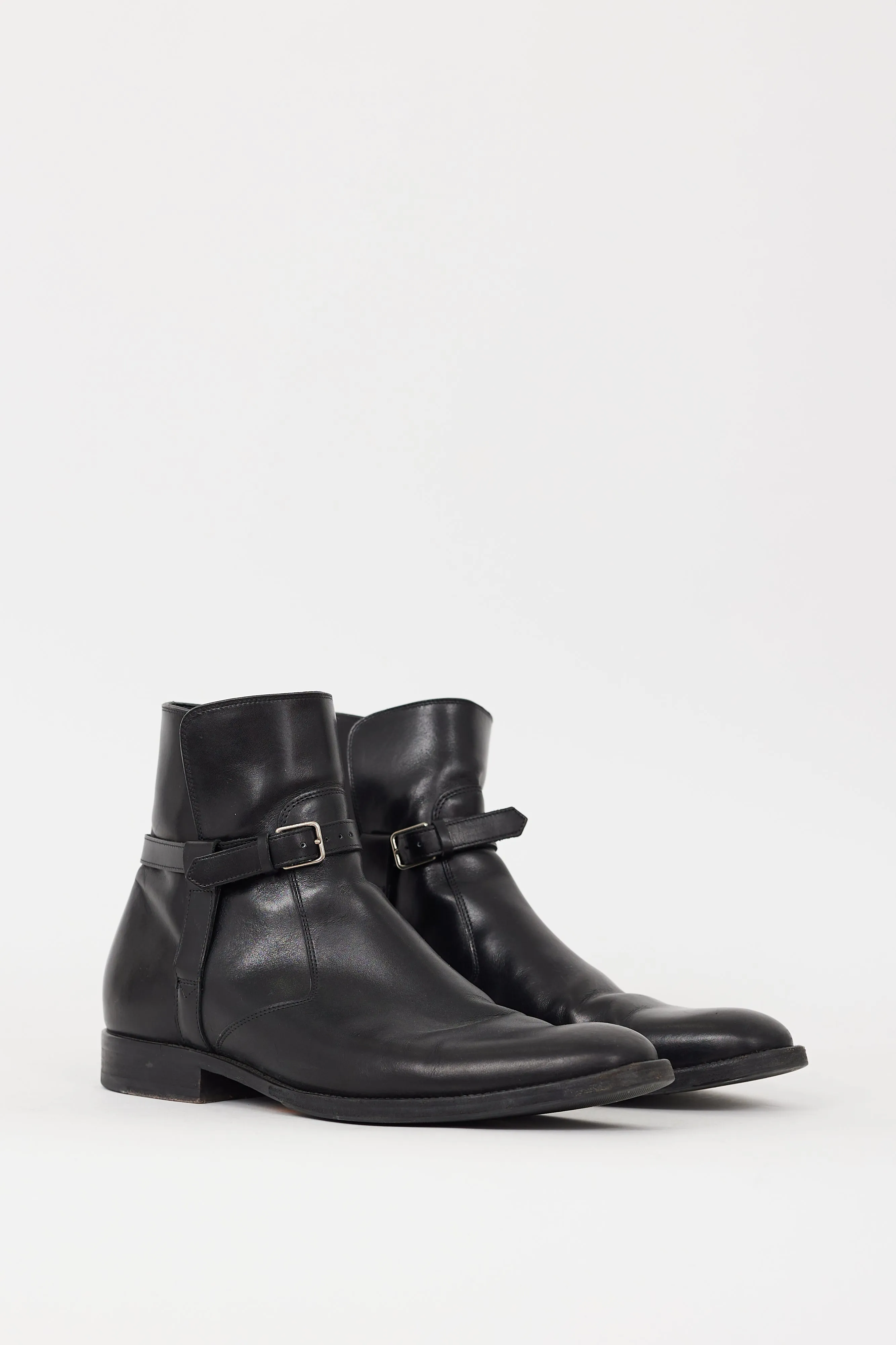 Black Leather Pointed Toe Strapped Boot