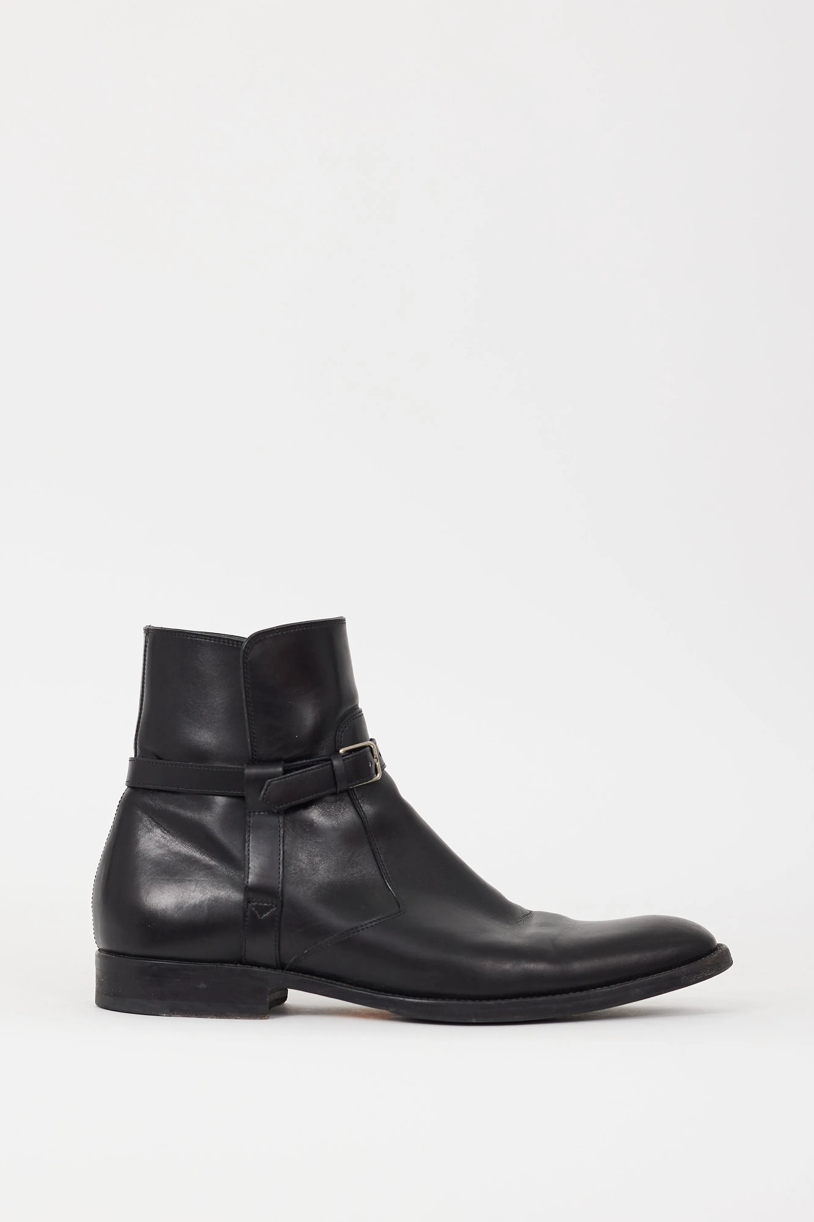 Black Leather Pointed Toe Strapped Boot