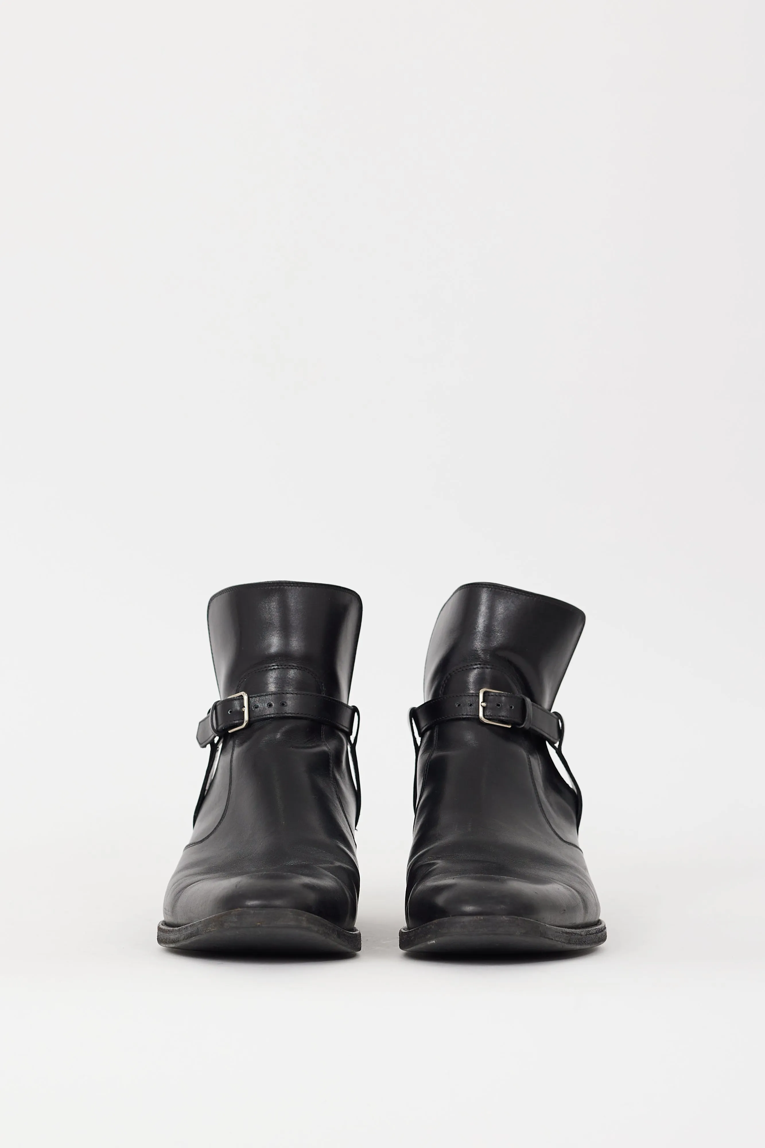 Black Leather Pointed Toe Strapped Boot