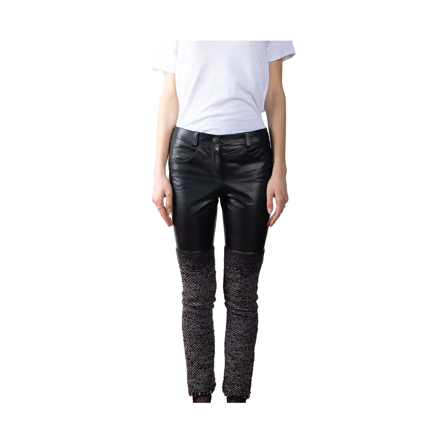 Chanel black leather and tweed pants - XS - 2000s