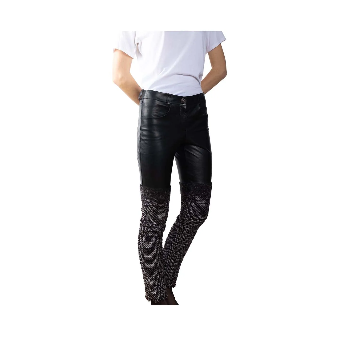 Chanel black leather and tweed pants - XS - 2000s