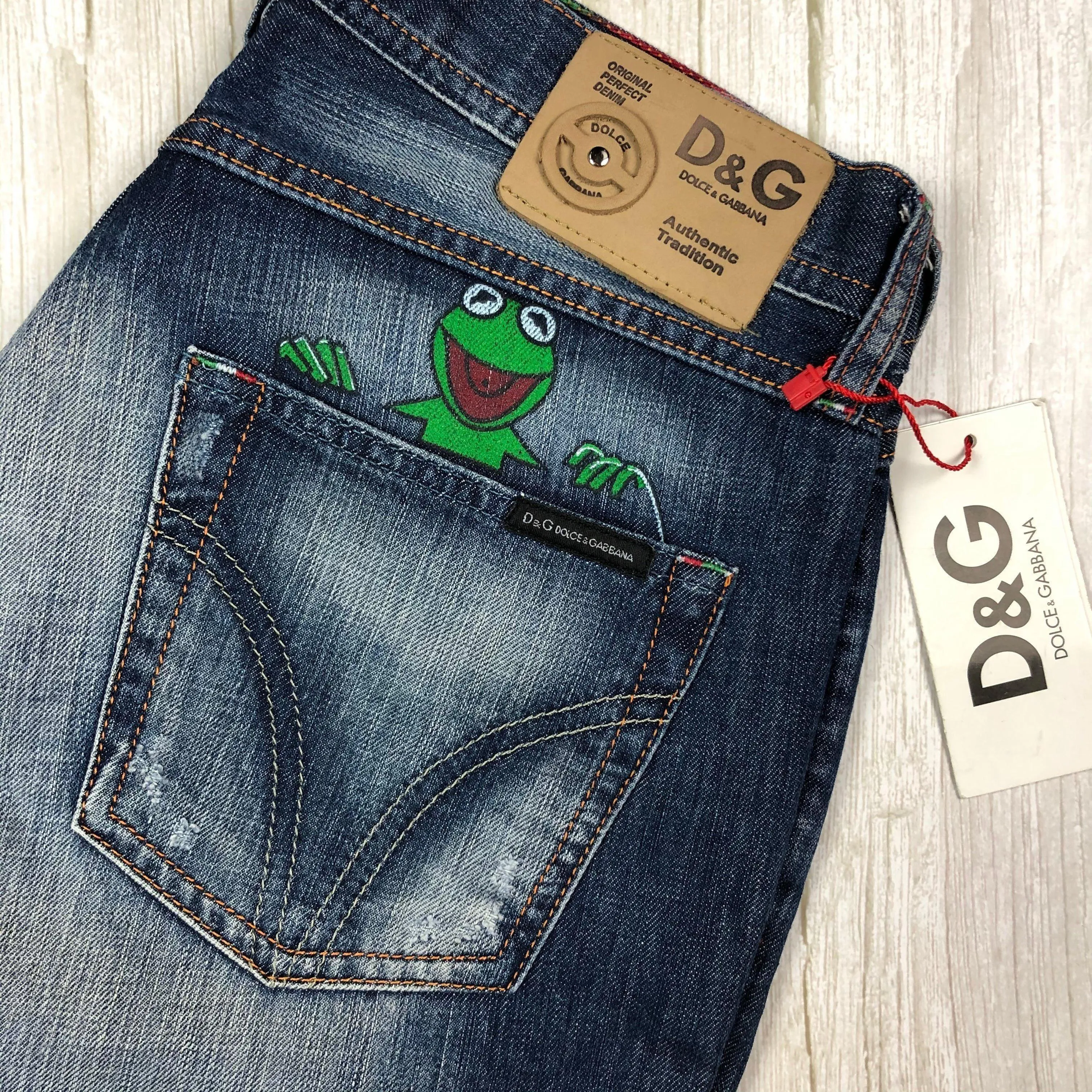 NWT- Dolce & Gabbana D&G Painted Kermit the Frog Jeans - Suit 9-10