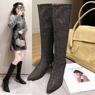 Retro Stretch Socks Boots Women Autumn/Winter New Fashion Pointed Toe Zipper Single Boots Stitching High Heels Women Shoes