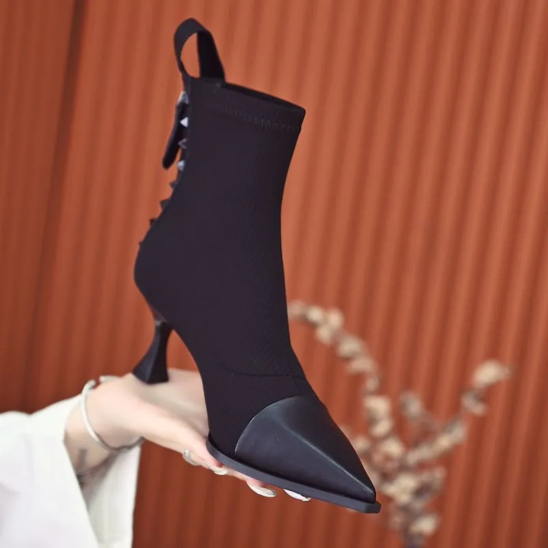 Retro Stretch Socks Boots Women Autumn/Winter New Fashion Pointed Toe Zipper Single Boots Stitching High Heels Women Shoes