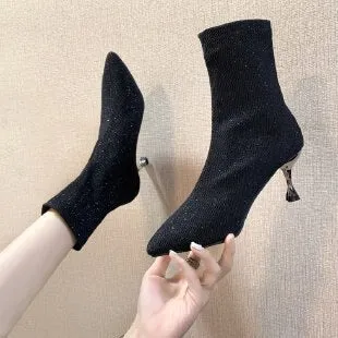 Retro Stretch Socks Boots Women Autumn/Winter New Fashion Pointed Toe Zipper Single Boots Stitching High Heels Women Shoes