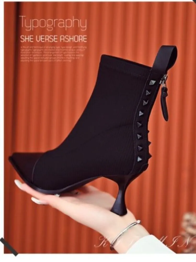 Retro Stretch Socks Boots Women Autumn/Winter New Fashion Pointed Toe Zipper Single Boots Stitching High Heels Women Shoes