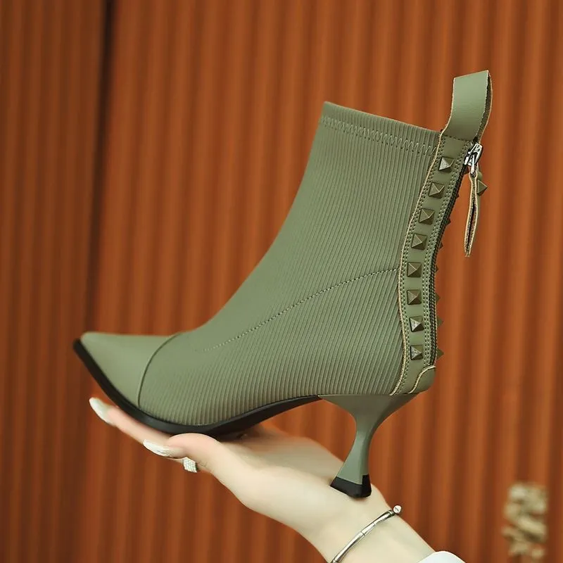 Retro Stretch Socks Boots Women Autumn/Winter New Fashion Pointed Toe Zipper Single Boots Stitching High Heels Women Shoes