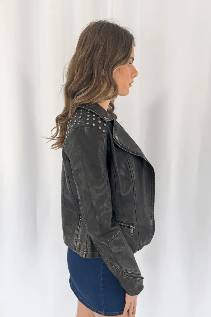 Studded Faux Leather Moto Jacket in Brown