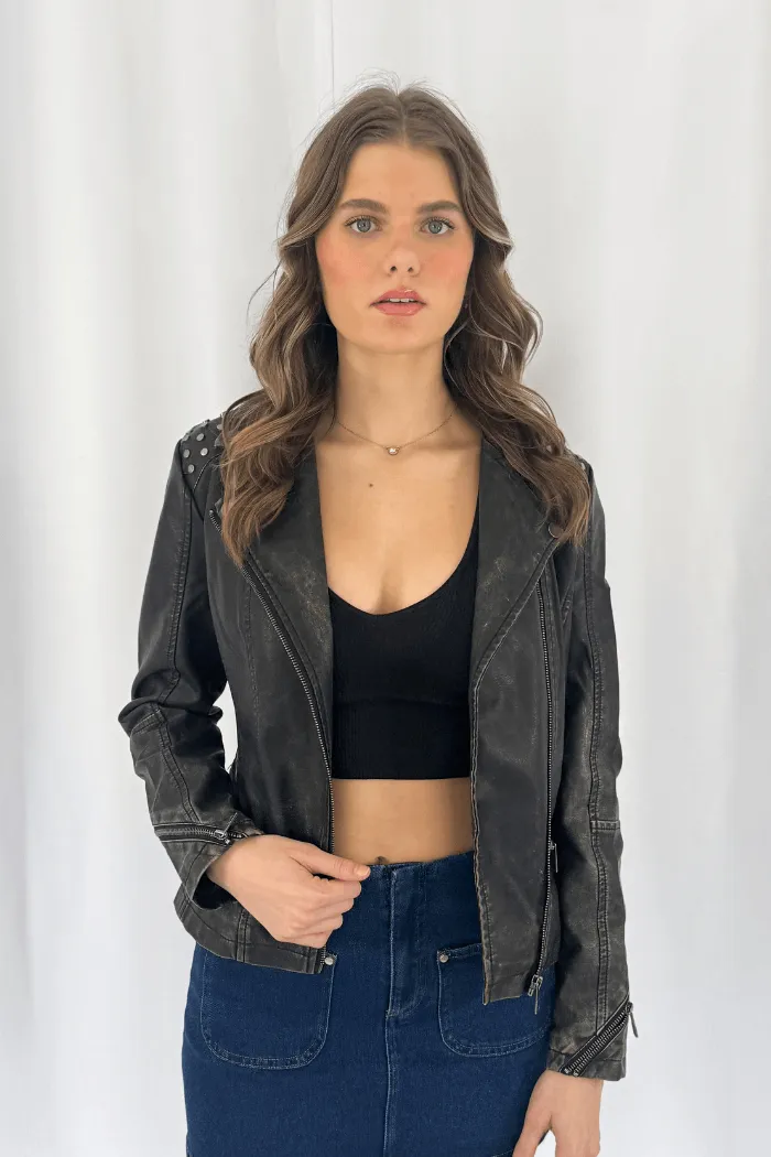 Studded Faux Leather Moto Jacket in Brown