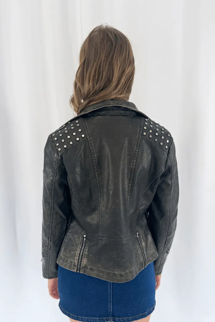 Studded Faux Leather Moto Jacket in Brown